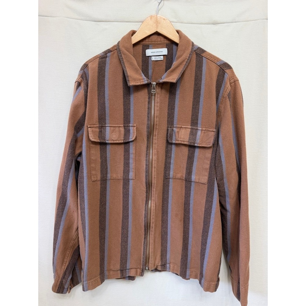 Urban Outfitters Mens Large Brown Blue Striped Full Zip Cotton Jacket Workwear
